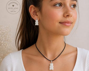 Schmuckset „Rosa Gummibärchen“, Halskette und Ohrstecker aus Kunstharz mit Bärenmotiv, niedlicher Kawaii-Schmuck