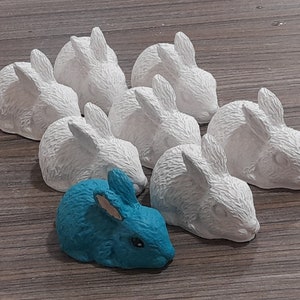 Può includere: Un gruppo di otto statuine di coniglio in ceramica bianca, tutte sdraiate con la testa girata di lato. Una statuina di coniglio blu si trova al centro del gruppo, rivolta a sinistra.