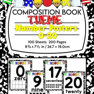 May include: Black and white printable number posters for classroom use. The posters feature numbers 0-20 with the number word and a ten frame. The posters are designed to look like a composition book with a black and white checkered background. The text on the posters reads "Composition Book Theme Number Posters 0-20 100 Sheets 200 Pages 9 3/4 x 7 1/2 in / 24.7 x 19.0 cm".