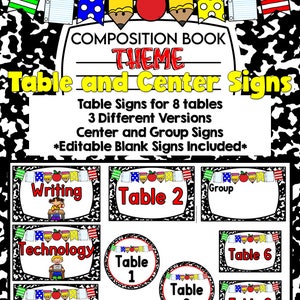 Könnte beinhalten: Ein Design im Stil eines Kompositionsbuchs mit dem Text "Table and Center Signs". Enthält Schilder für Tische, Gruppen und Zentren. Enthält farbenfrohe Illustrationen von Bleistiften, Äpfeln und Flaggen. Enthält den Text "Writing", "Technology" und "Listening".