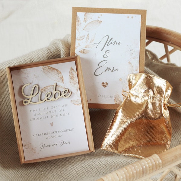 Geschenkbox ALINE zur Hochzeit personalisiert mit Goldsäckchen