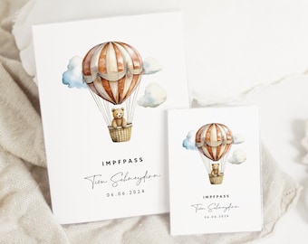 Set U-booklet and vaccination certificate personalized TIM, gift for birth, protective cover with name, gift idea for baby, boho bear in hot air balloon