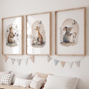 Posterset LILLI Bär Fuchs und Maus mit Blumen, Kinderposter Poster Kinderzimmer Tierposter, süße Tierbabys, in A4 oder A3, Wanddekoration