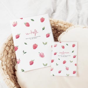 Personalisierte U-Heft Hülle & Impfpasshülle MALINA mit Himbeeren – Geschenk zur Geburt für Mädchen – Hülle mit Namen – Schutzhülle für Baby