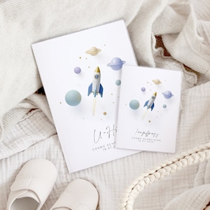 Set U-Heft und Impfpass personalisiert COSMO, Geschenk zur Geburt, Schutzhülle mit Namen, Geschenkidee Jungen, Rakete, Weltraum, Planeten