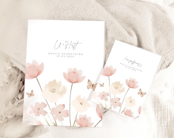 Personalized DAHLIA set of child health record booklet and vaccination card, a gift for newborns, child health record booklet for girls, gift idea for babies, booklet cover with flowers