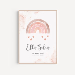 Geburtsposter personalisiert "Regenbogen rosa" Geschenk zur Geburt Taufe Mädchen,
