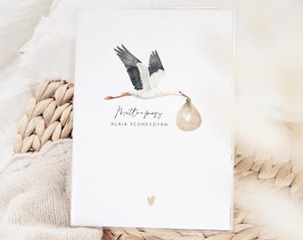Maternity record cover ALAIA personalized with stork and heart – protective cover for maternity record, loving gift for expectant mothers