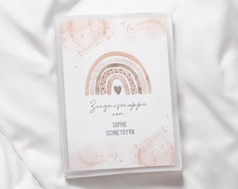 Personalized certificate folder RAINBOW BEIGE with 20 transparent sheets – perfect gift for starting school or for the first school report