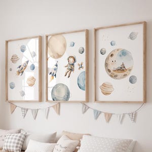 Poster Set Kinderzimmer PLANETEN, Bilderset, Wanddekoration, Bilder in A4 A3, Planeten & Sterne, Kinder Raketen, Weltall Bilder, Astronaut