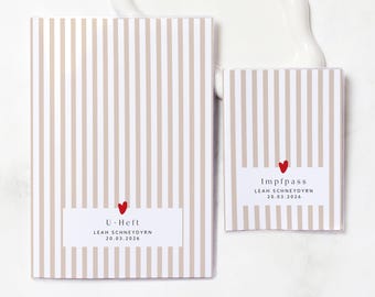 Personalized child health record booklet and vaccination card cover LEAH BEIGE with name, beige and white striped with heart, gift for newborns