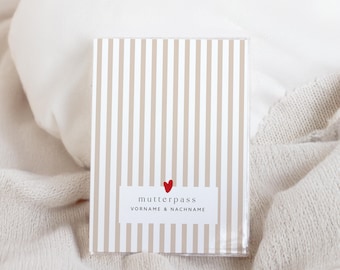 Personalized maternity record book cover LEAH BEIGE with stripes & heart, protective cover for pregnant women and expectant mothers, pregnancy gift