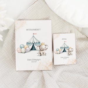 Personalisierte U-Heft & Impfpass Hülle ELIANA – mit süßem Elefanten und Zirkuszelt | Schutzumschlag für Kinder-Dokumente, Geschenk für Baby