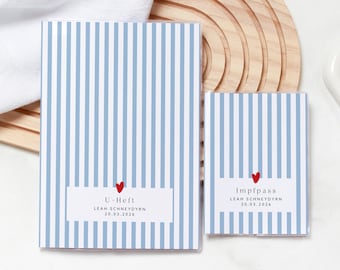 Personalized child health record booklet and vaccination card cover with name, blue and white stripes and heart, gift for newborns, modern design LEAH BLUE