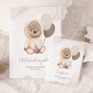 Set U-Heft und Impfpass THEA mit Namen, personalisierte Schutzhülle, Geschenk zur Geburt, Uheft Hülle für Kinder, Bär mit Ballons