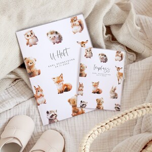 Set U-Heft und Impfpass personalisiert KARL, Geschenk zur Geburt, Schutzhülle mit Namen, Geschenkidee für Baby Mädchen und Jungen mit Tieren