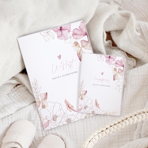 Personalisierte U-Heft Hülle & Impfpass Hülle Set HAILEY , florales Design, Geschenk zur Geburt für Mädchen, rosa Uheft Hülle mit Namen