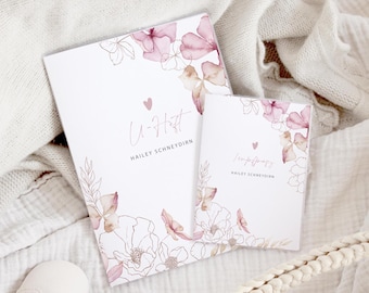 Personalized Child Health Record & Vaccination Booklet Cover Set HAILEY, floral design, baby girl gift, pink child health record booklet cover with name