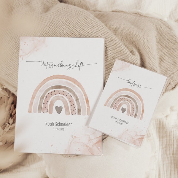 Set U-Heft und Impfpass personalisiert REGENBOGEN BEIGE, Geschenk zur Geburt, Schutzhülle mit Namen, Geschenkidee für Babys, Uheft Hüllen