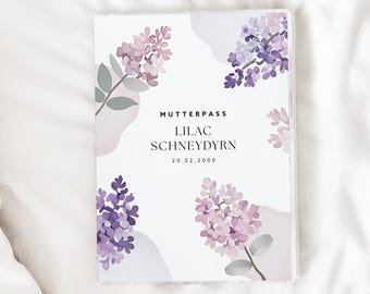 Personalized maternity pass cover LILAC with lilac flowers – Stylish maternity pass cover with name – Perfect gift for expectant mothers