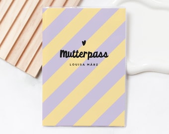 Personalized maternity record cover LOUISA – colorful cover with purple-yellow stripes, gift for expectant mother, modern protective cover for maternity record