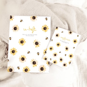 U-Heft & Impfpass Hülle BELLA personalisiert, Geschenk zur Geburt für Neugeborene und Babys – Sommerdesign mit Bienen und Sonnenblumen