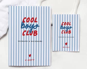 May include: Two rectangular booklets featuring a light blue and white vertical striped pattern. The text COOL boys CLUB is printed in red and blue, with VORNAME & NACHNAME, a small red heart, and U-HEFT or IMPFPASS text below.