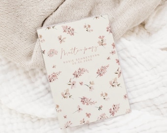 Personalized maternity record book cover ROSIE – delicate floral design in beige & rose – protective cover for your maternity record book, gift for expectant mothers