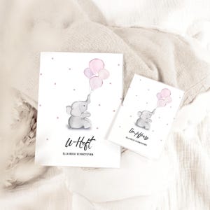 Personalisierte U-Heft & Impfpass Hülle ELLA ROSE, Geschenk zur Geburt für Mädchen, U Heft mit Namen, Elefant mit rosa Luftballons