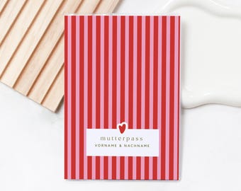Personalized Maternity Record Book Cover LEAH PINK – Pink and Red Stripes with Heart | Gift for Pregnant Women & Expectant Mothers | Protective Cover