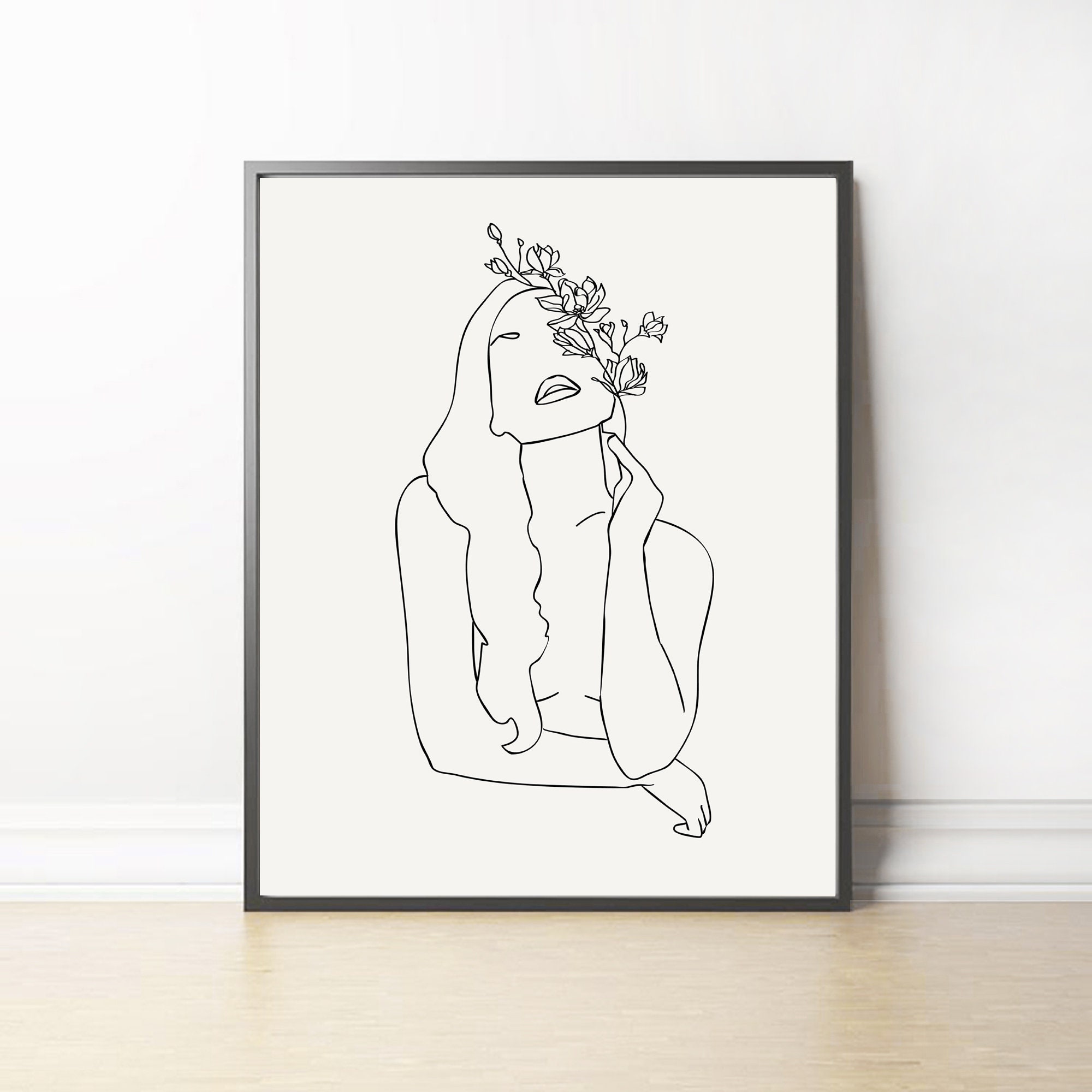 Head of Flowers Art Print Line Art Drawing Woman With Flower Etsy