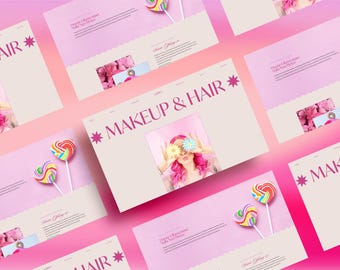 May include: A pink and white website design with the text "MAKEUP & HAIR" in a pink starburst. The website features images of a woman with pink hair and candy lollipops.