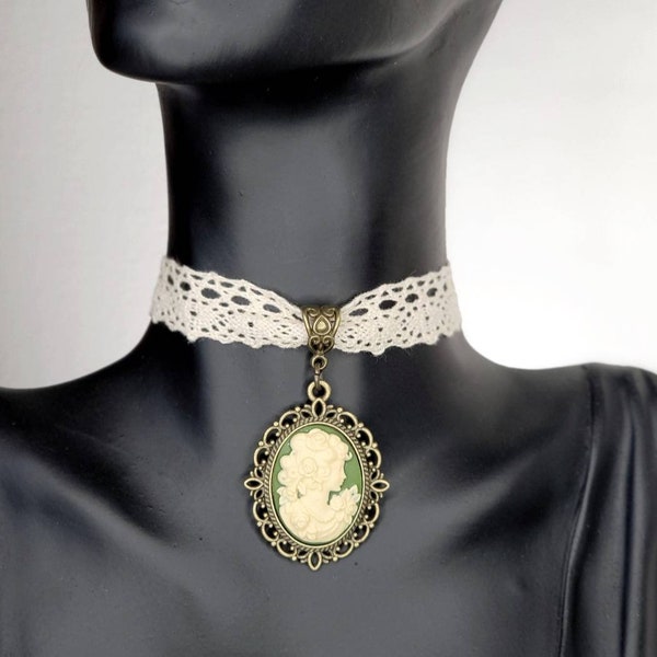 Necklace,choker,lace, lady cameo, ivory and bronze.