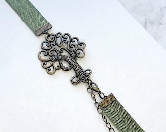 Elastic bookmark,adjustable,olive green elastic, bronze tree.