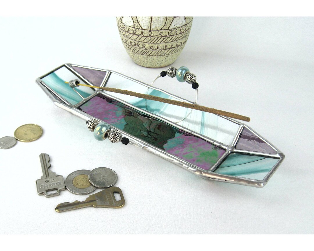 Purple Green Stained Glass Incense Holder Iridescent Ash Etsy