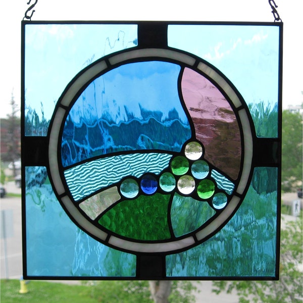 Blue Stained Glass Panel, Abstract Square Window Suncatcher