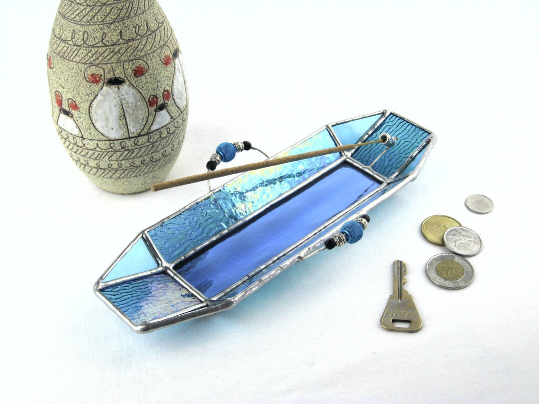 Blue Stained Glass Incense Holder, Ash Catcher, Burner Tray, Iridescent