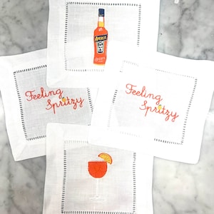 Aperol Spritz Cocktail Napkins, Bar Cart Decor, Linen Cocktail Napkins, Bar Cart Napkins, Housewarming Gift, Embroidered Cocktail Napkins