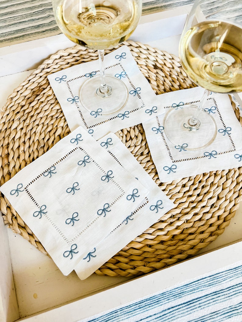 Linen Cocktail Napkin With Blue Bows Linen Drink Napkin Etsy