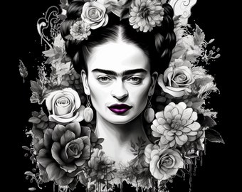 May include: Black and white portrait of Frida Kahlo with flowers in her hair. The flowers are roses, daisies, and other types of flowers. The background is a black and white abstract design.