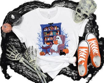 Festive Halloween Bookshelf Ghost Ghost Reading Book Png, Halloween Bookshelf Png, Black Cat Book Png, Cute Ghost PNG, Book Lover Halloween