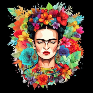 May include: A colorful illustration of Frida Kahlo with a flower crown and traditional Mexican jewelry. The background is filled with vibrant flowers and leaves.