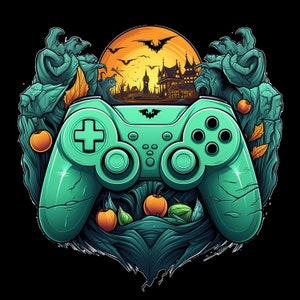 May include: A teal video game controller with a Halloween-themed background. The background features a full orange moon, bats, and a haunted house. The controller is surrounded by green, tree-like elements, pumpkins, and fall leaves.
