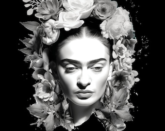 May include: Black and white portrait of a woman with a flower crown. The woman has dark hair and is wearing earrings. The flowers in the crown are various types of white flowers.