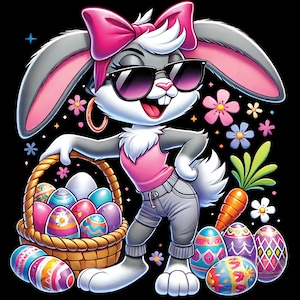May include: A cartoon bunny wearing sunglasses and a pink headband holds a basket full of colorful Easter eggs. The bunny is standing on a black background with flowers and a carrot.