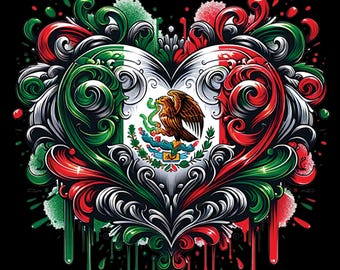 May include: A heart-shaped design with intricate floral details in red, green, and white. The center of the heart features the Mexican coat of arms, with an eagle perched on a cactus, holding a snake in its beak. The design is surrounded by dripping paint in red and green.