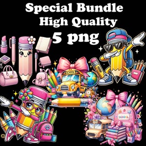Puede incluir: Un conjunto de cinco imágenes de clipart digital que presentan lápices de dibujos animados con accesorios de temática escolar. Las imágenes incluyen un autobús escolar amarillo, un globo terráqueo, una mochila y una pila de libros. El texto "SCHOOL" aparece en el autobús y la mochila.