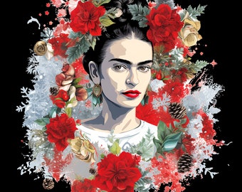May include: A digital illustration of Frida Kahlo with a red flower crown, surrounded by red and white flowers, green leaves, and snowflakes. The background is a red and white watercolor splatter.