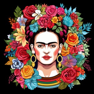 May include: A colourful illustration of Frida Kahlo wearing a floral crown and earrings. The flowers are in shades of red, pink, yellow, orange, blue and green. The background is black.