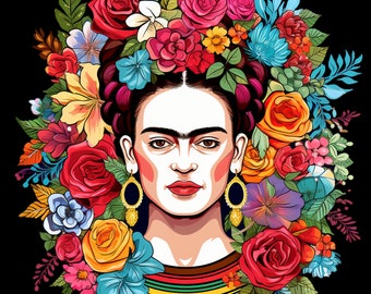 May include: A colorful illustration of Frida Kahlo with a floral crown and earrings. The flowers are in shades of red, pink, yellow, orange, blue, and green. The background is black.